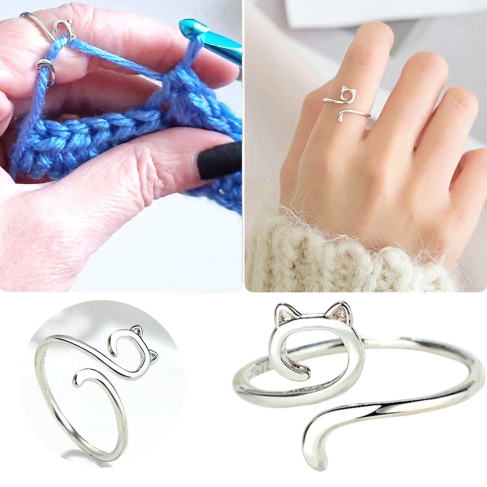 Silver Kitty Cat Crochet Hook Learning Teaching Tool Adjustable DIY Craft Ring